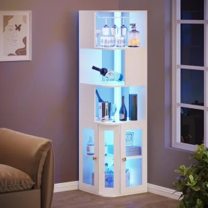 Corner Wine Cabinet with LED Lights & Glass Holder